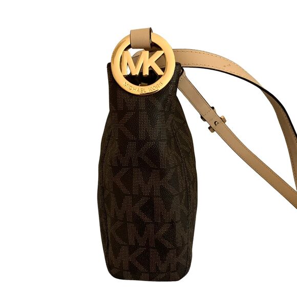 Michael Kors Brown Monogram Crossbody Bag with Gold MK Logo Ring Accent - Picture 1 of 14